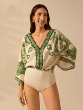 CAJUNI Women's Boho Green Tropical Plant Print, Deep V-Neck Apricot One-Piece Suit, Vacation Leisure Summer Beach Jumpsuit